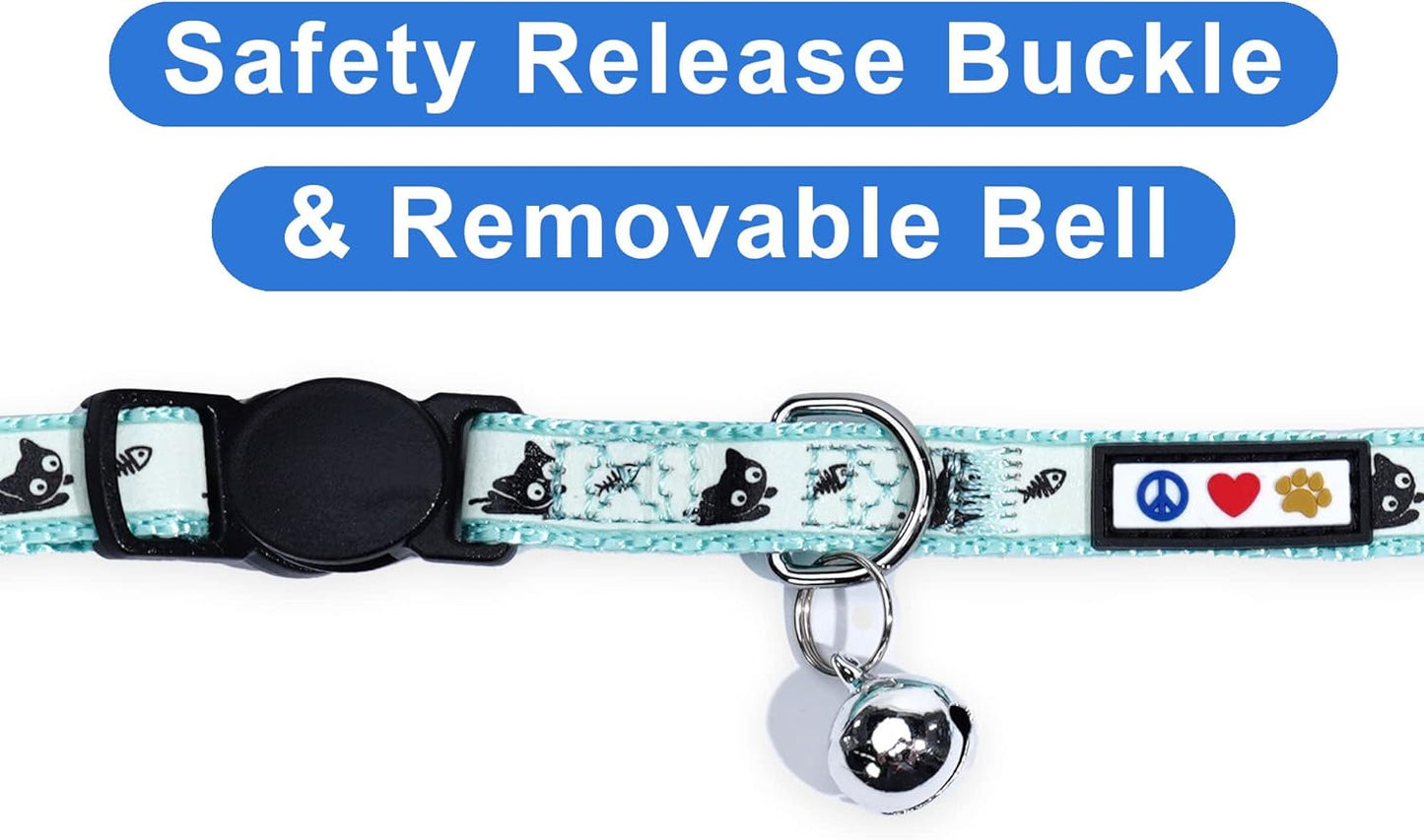 Pawtitas Teal Glow-in-the-Dark Cat Collar with Safety Buckle and Removable Bell