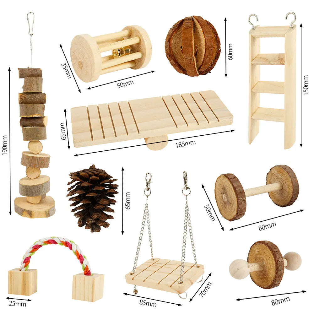 Hamster Toys Set Rabbit Mouse Natural Small Animal Wood Guinea Pig Toys Teeth Cleaning Molar Grinding Caring Chewing Toy