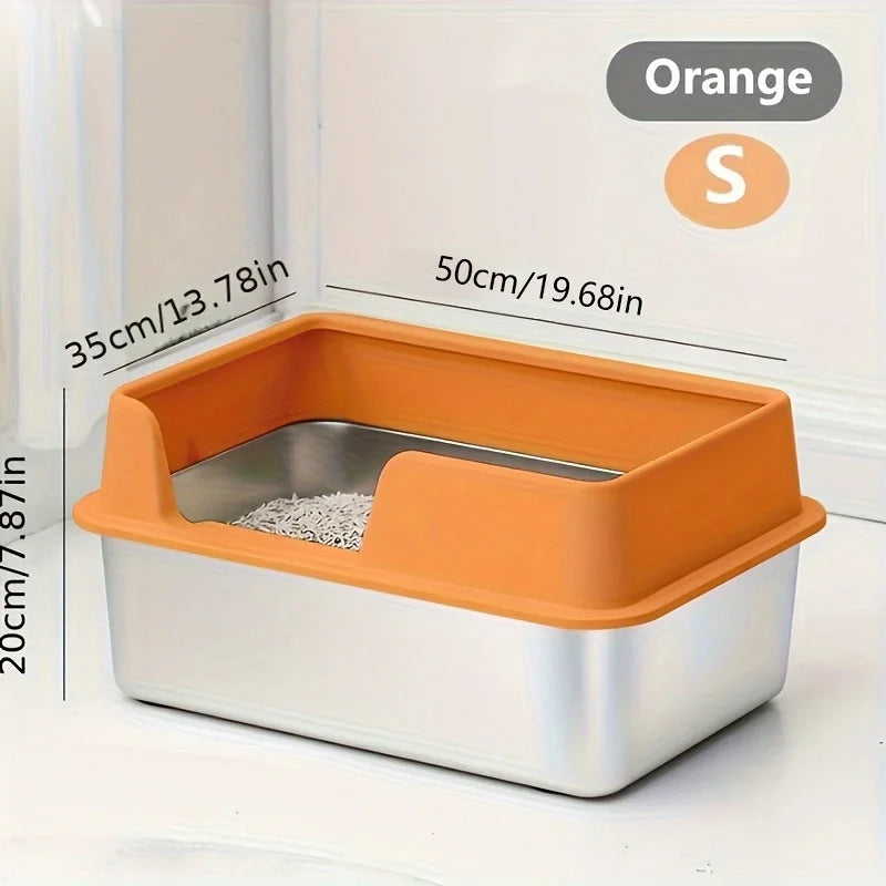 Extra Large Stainless Steel Cat Litter Box with High Wall Enclosure Non-Stick Leak Proof Easy to Clean Includes Lid