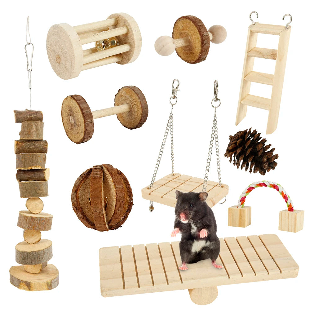 Hamster Toys Set Rabbit Mouse Natural Small Animal Wood Guinea Pig Toys Teeth Cleaning Molar Grinding Caring Chewing Toy