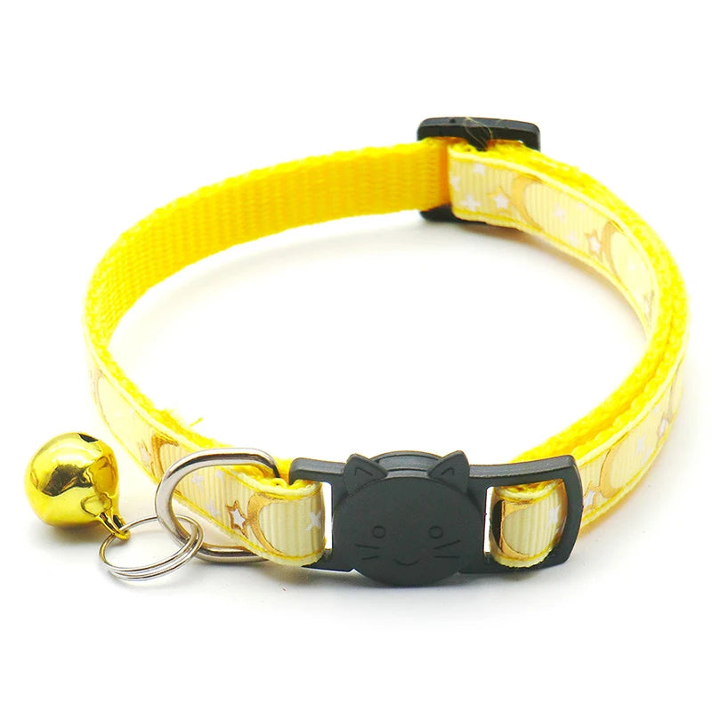 Gold Stars and Moon Cat Collar with Reflective Safety Buckle and Bell Adjustable Cats And Small Dogs Collars