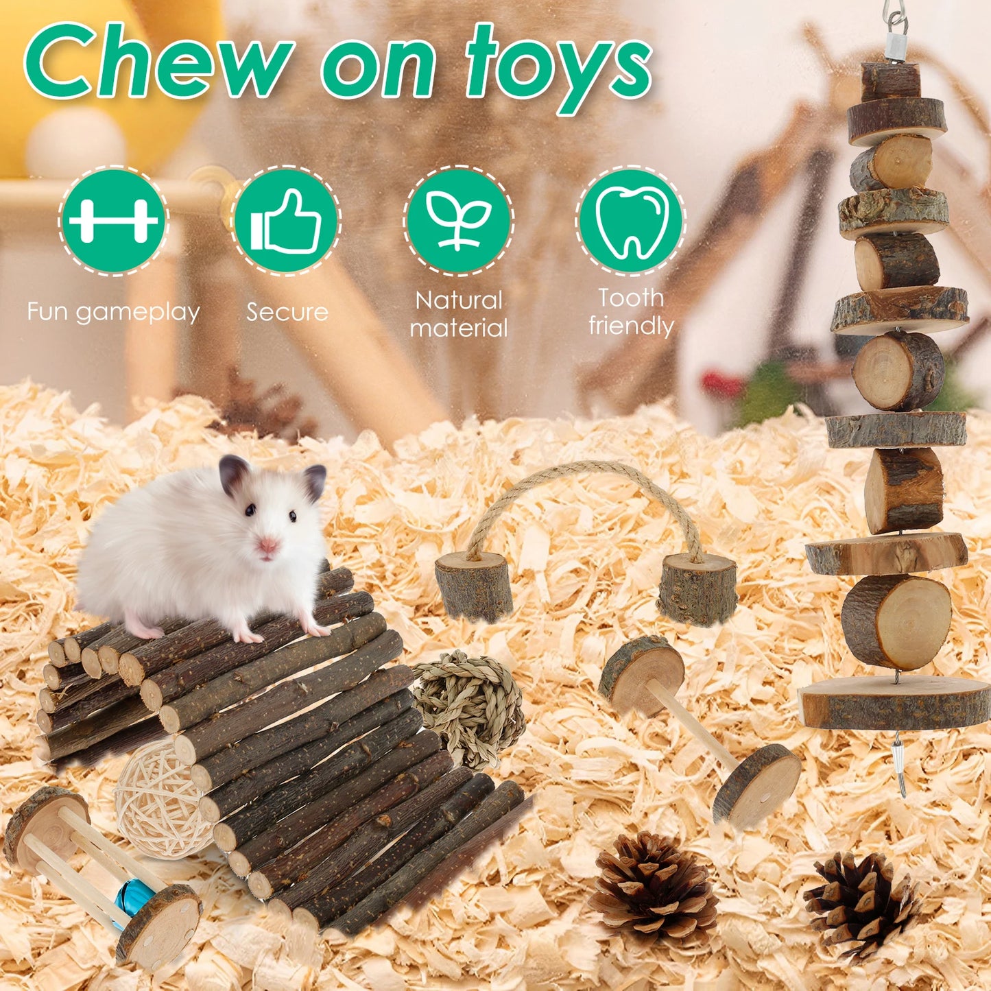Hamster Toys Set Rabbit Mouse Natural Small Animal Wood Guinea Pig Toys Teeth Cleaning Molar Grinding Caring Chewing Toy