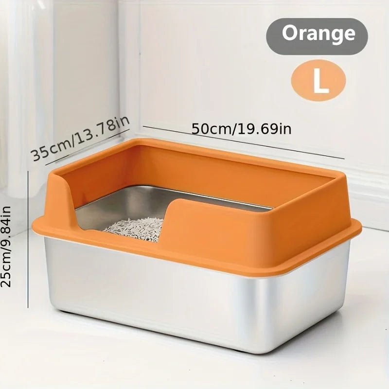 Extra Large Stainless Steel Cat Litter Box with High Wall Enclosure Non-Stick Leak Proof Easy to Clean Includes Lid