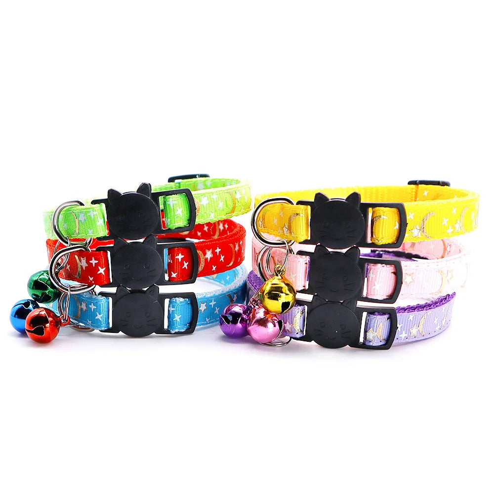 Gold Stars and Moon Cat Collar with Reflective Safety Buckle and Bell Adjustable Cats And Small Dogs Collars