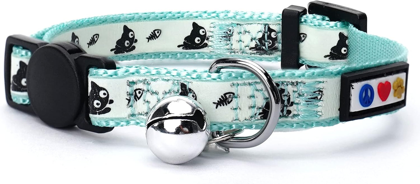 Pawtitas Teal Glow-in-the-Dark Cat Collar with Safety Buckle and Removable Bell