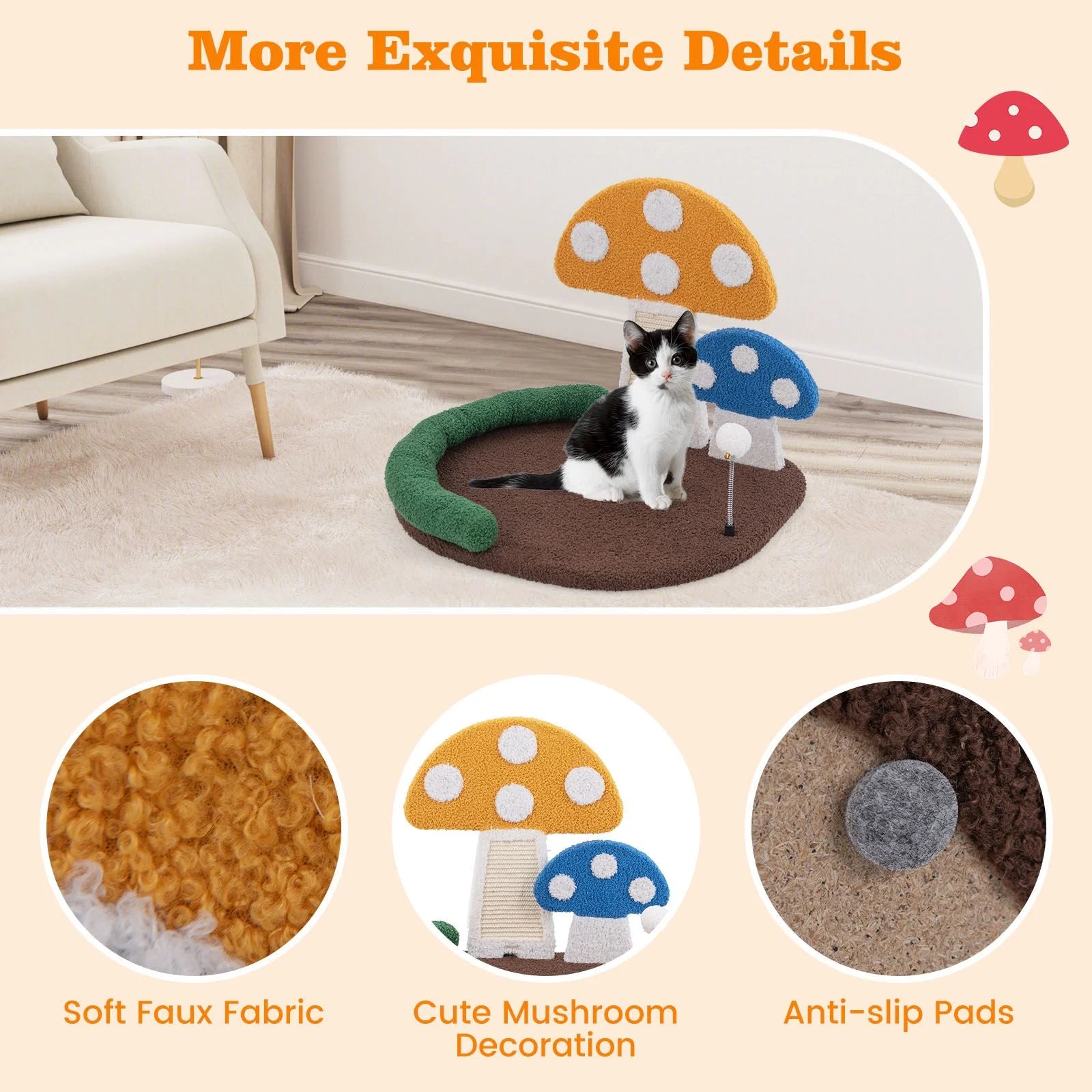 Mushroom Cat Bed with Wide Large Platform and Sisal Scratching Panel