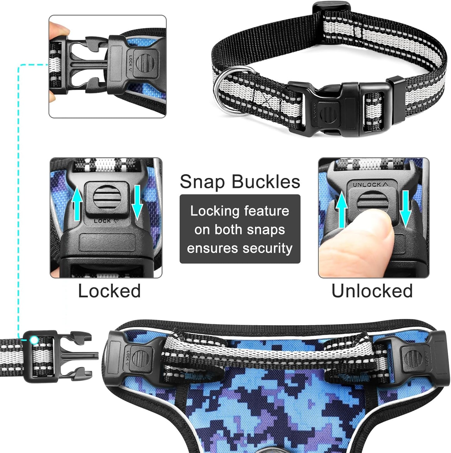 WINSEE Dog Harness No Pull, Pet Harnesses with Dog Collar, Adjustable Reflective Oxford Outdoor Vest, Front/Back Leash Clips for Small, Medium, Large, Extra Large Dogs, Easy Control Handle for Walking