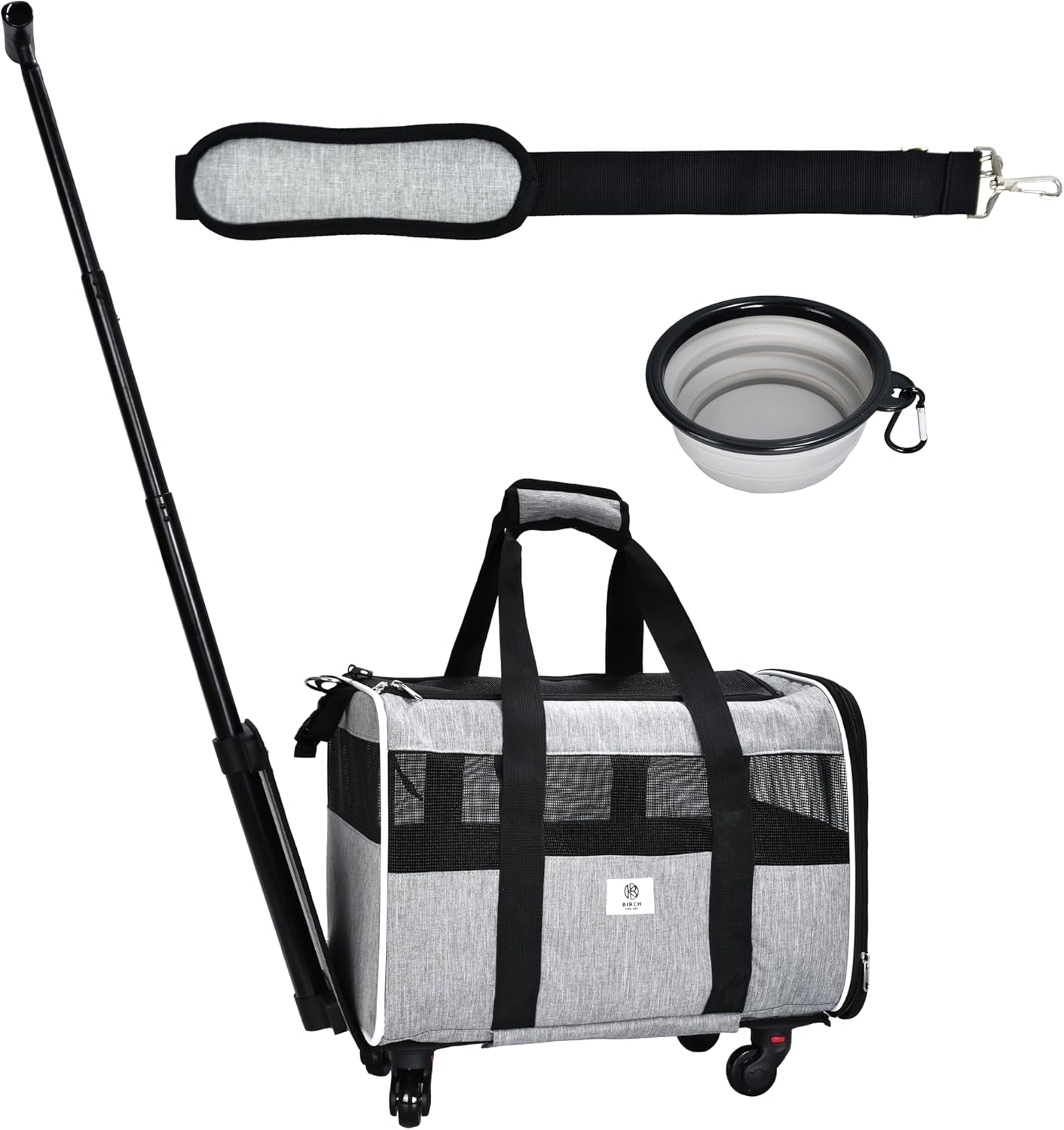 Pet Carrier with Wheels by Birch & Key – Grey Color - Airline Approved Rolling Pet Carrier – Soft Dog & Cat Travel Carrier - Small Dog Carrier – Removable Wheels - 17.5” X 12” X 12”