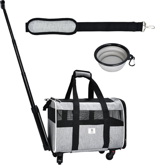 Pet Carrier with Wheels by Birch & Key – Grey Color - Airline Approved Rolling Pet Carrier – Soft Dog & Cat Travel Carrier - Small Dog Carrier – Removable Wheels - 17.5” X 12” X 12”