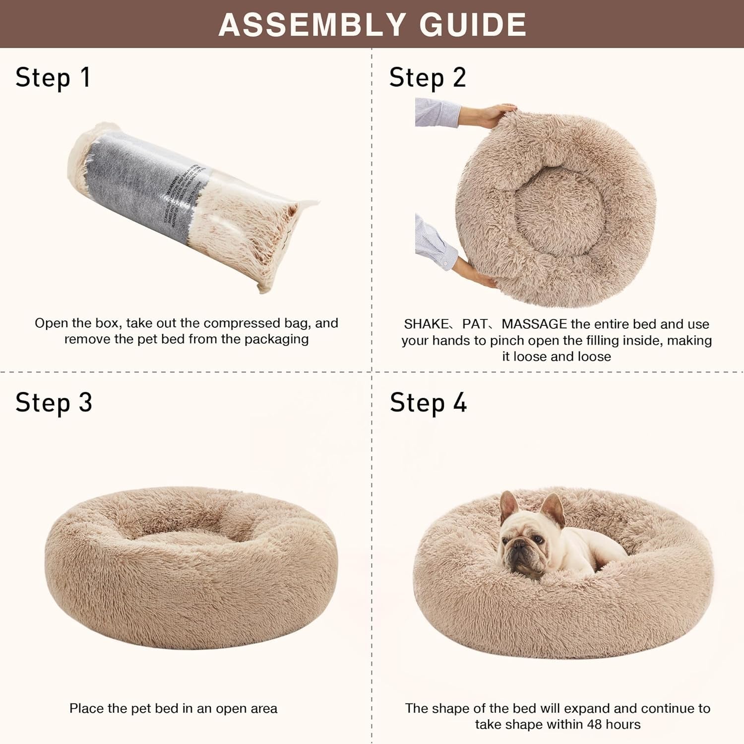 Love's Cabin Calming Donut Pet Bed for Dogs and Cats, Anti-Anxiety Fluffy Warming Indoor Bed in Beige Taupe, Available in 20" and 24" Sizes