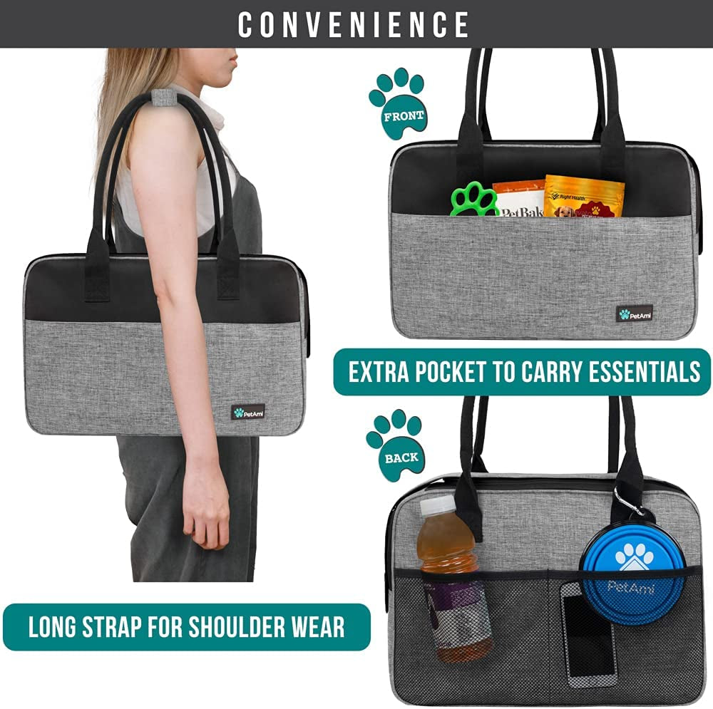 Petami Dog Purse Carrier for Small Dogs, Airline Approved Soft Sided Pet Carrier with Pockets, Ventilated Dog Carrying Bag for Puppy Cat, Dog Travel Supplies Bag, Sherpa Bed, Max 12 Lbs, Gray
