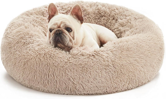 Love's Cabin Calming Donut Pet Bed for Dogs and Cats, Anti-Anxiety Fluffy Warming Indoor Bed in Beige Taupe, Available in 20" and 24" Sizes