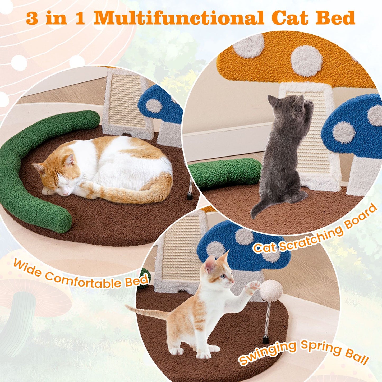 Mushroom Cat Bed with Wide Large Platform and Sisal Scratching Panel