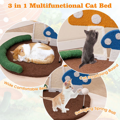 Mushroom Cat Bed with Wide Large Platform and Sisal Scratching Panel