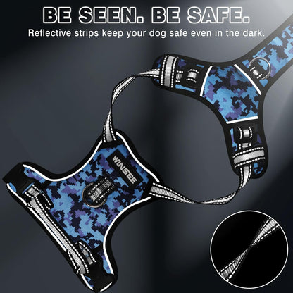 WINSEE Dog Harness No Pull, Pet Harnesses with Dog Collar, Adjustable Reflective Oxford Outdoor Vest, Front/Back Leash Clips for Small, Medium, Large, Extra Large Dogs, Easy Control Handle for Walking