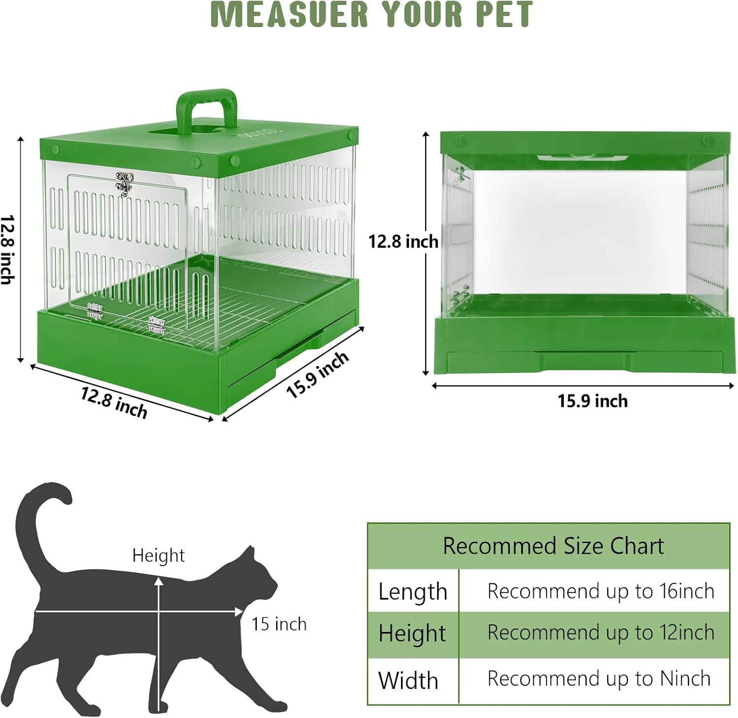Cat Carrier Hard Pet Dog Rabbit Reptile Carrier 360° View of Your Pet Suitable Small Medium 15.9" X 12.8" X 12.8" Pet Travel Indoor Outdoor Pet Carrier (Green)