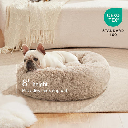 Love's Cabin Calming Donut Pet Bed for Dogs and Cats, Anti-Anxiety Fluffy Warming Indoor Bed in Beige Taupe, Available in 20" and 24" Sizes