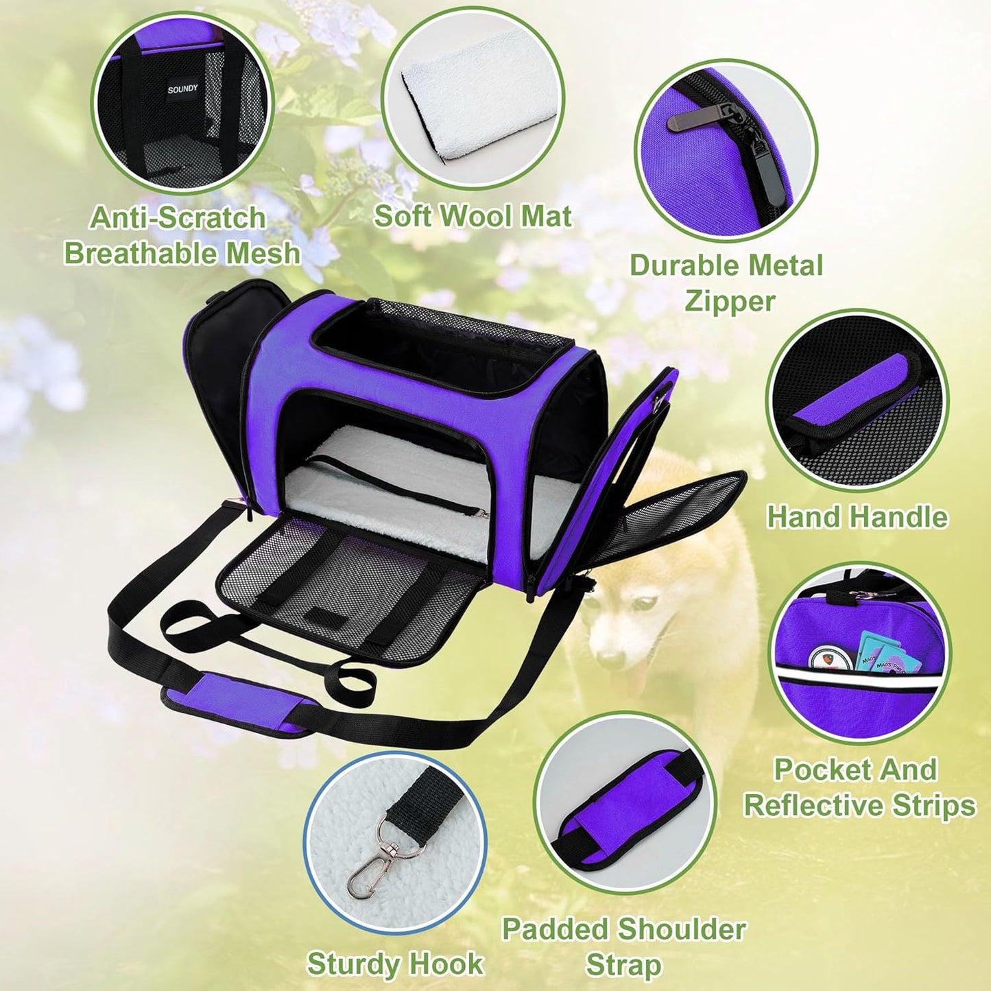 Dog Carrier Cat Carriers Airline Approved Pet Carrier for Small Medium Dogs Cats under 15Lbs Puppies Collapsible Soft Sided TSA Travel Puppy Carrier Bag (Medium, Purple)