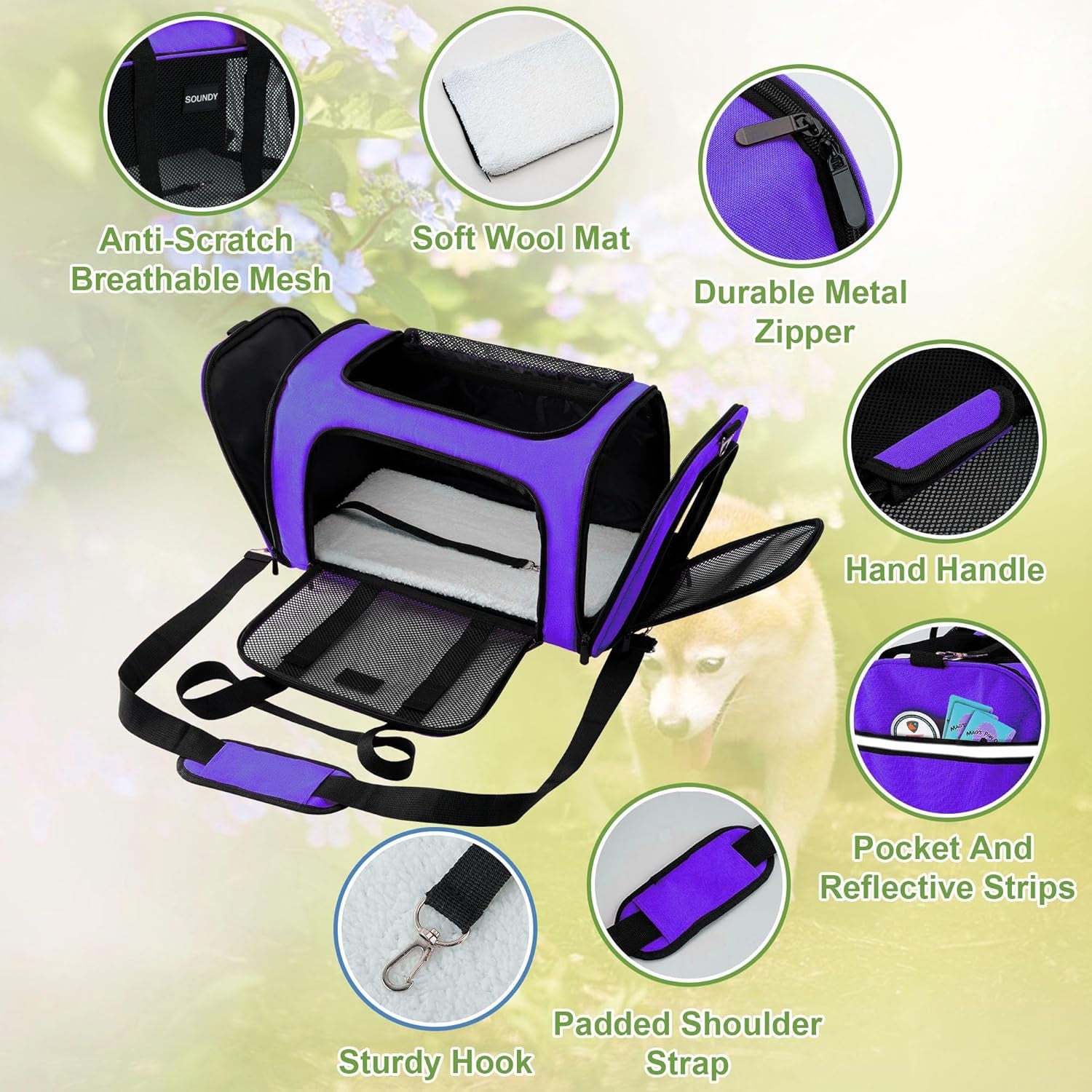 Dog Carrier Cat Carriers Airline Approved Pet Carrier for Small Medium Dogs Cats under 15Lbs Puppies Collapsible Soft Sided TSA Travel Puppy Carrier Bag (Medium, Purple)