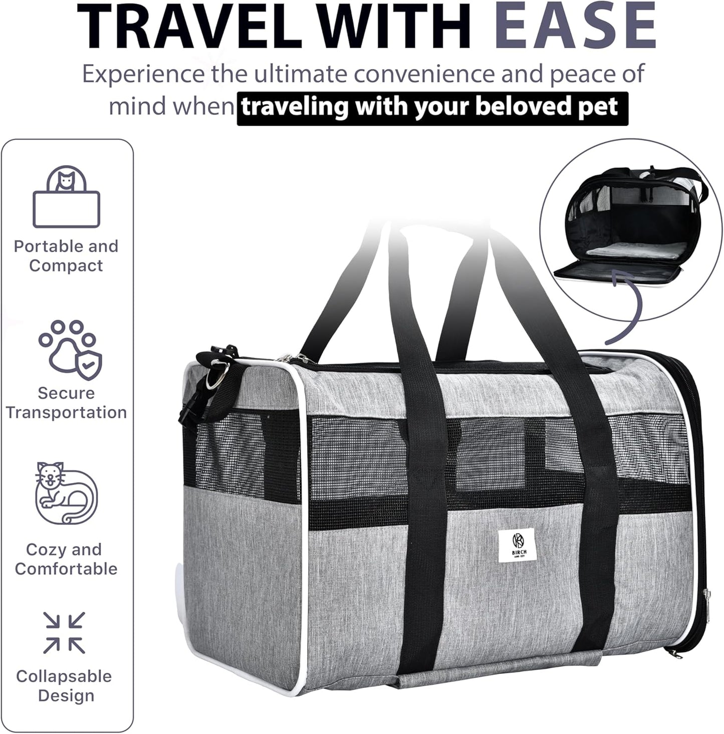 Pet Carrier with Wheels by Birch & Key – Grey Color - Airline Approved Rolling Pet Carrier – Soft Dog & Cat Travel Carrier - Small Dog Carrier – Removable Wheels - 17.5” X 12” X 12”
