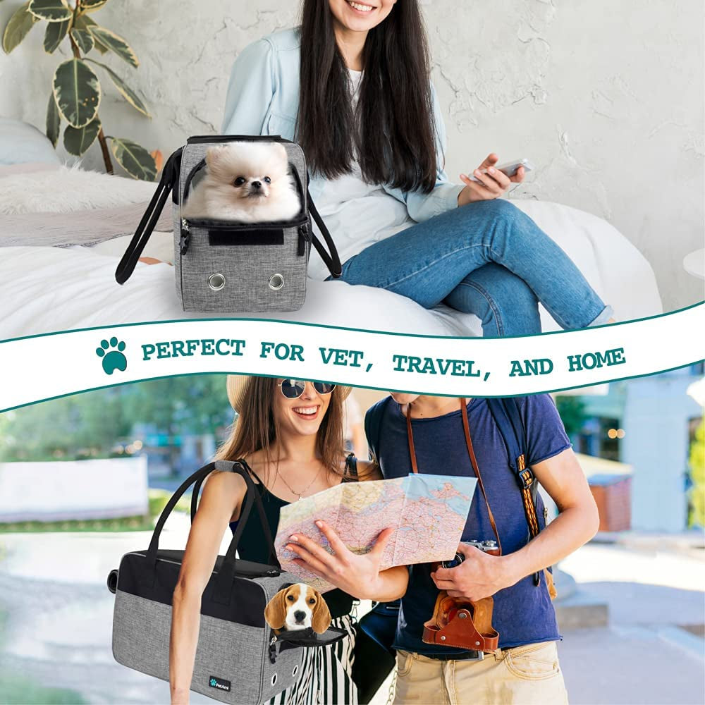 Petami Dog Purse Carrier for Small Dogs, Airline Approved Soft Sided Pet Carrier with Pockets, Ventilated Dog Carrying Bag for Puppy Cat, Dog Travel Supplies Bag, Sherpa Bed, Max 12 Lbs, Gray
