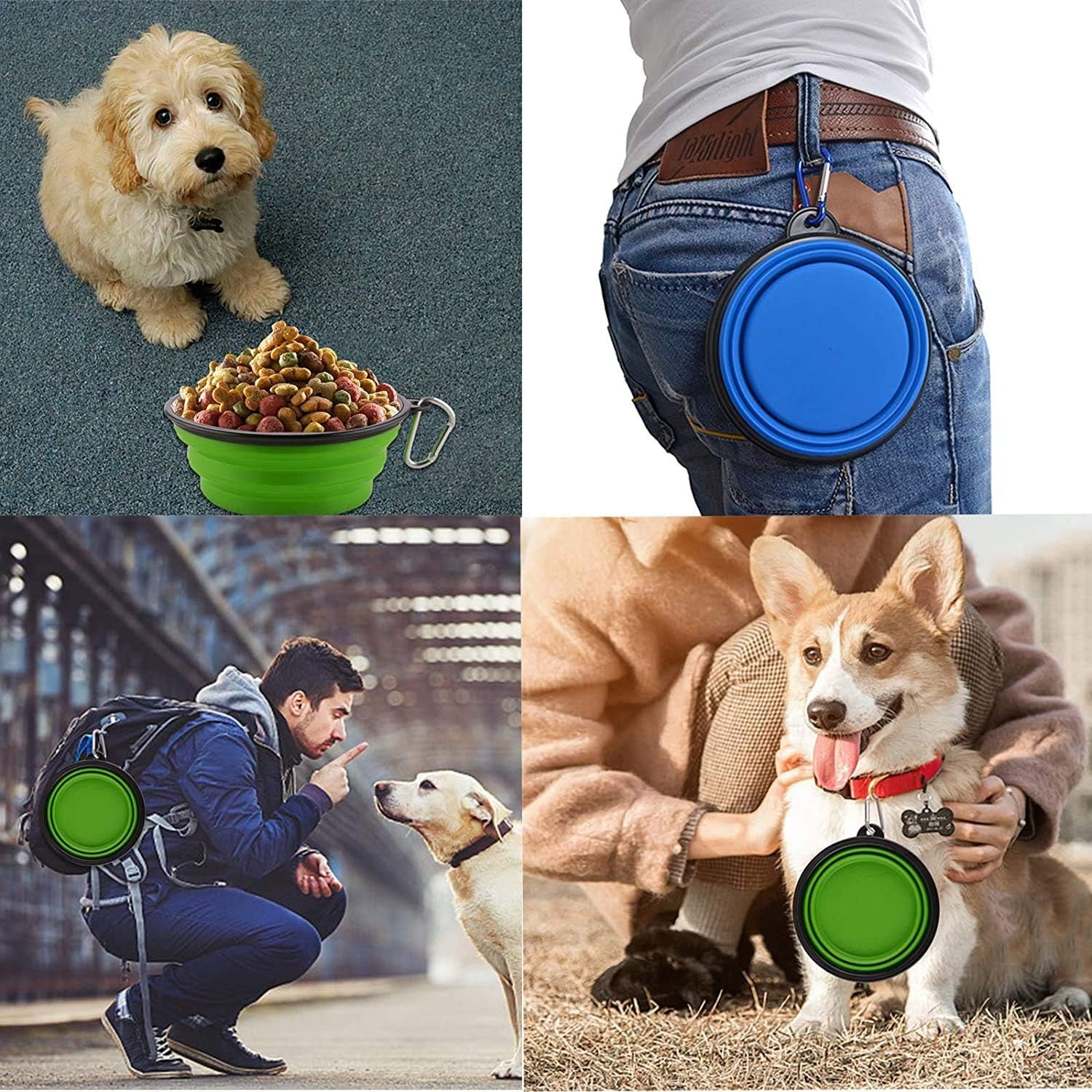 Guardians Large Collapsible Dog Bowls, 34Oz Travel Water Food Bowls Portable Foldable Collapse Dishes with Carabiner Clip, 2 Pack (Green+Red)