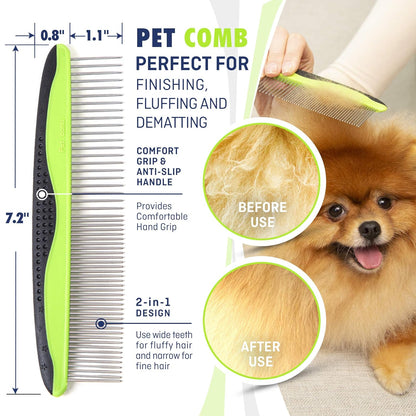 Professional Pet Grooming Set for Dogs and Cats - Double-Sided Deshedding Brush and Comb - Effective Lice and Flea Removal - Ergonomic Grip with Soft Bristles