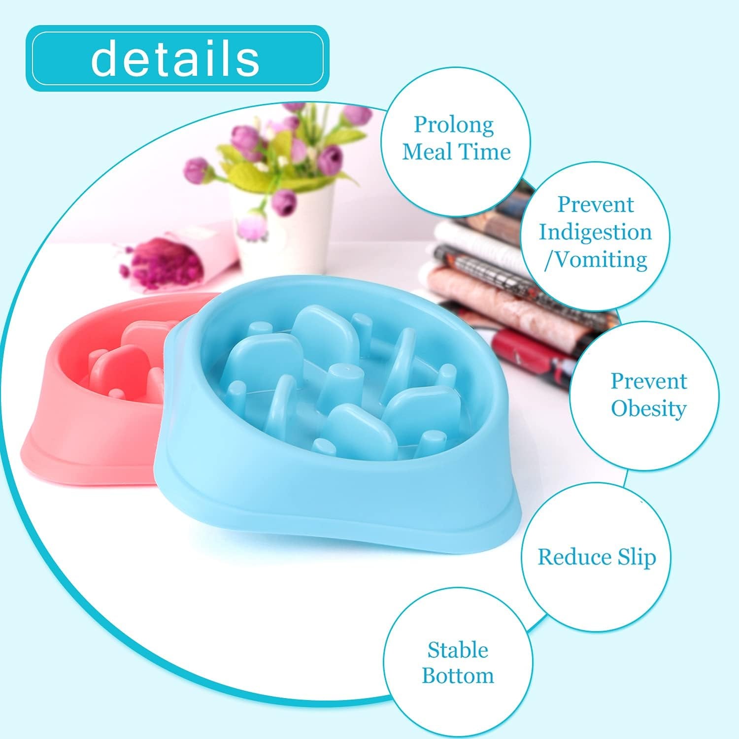 JASGOOD Dog Feeder Slow Eating Pet Bowl Eco-Friendly Non-Toxic Preventing Choking Healthy Design Bowl for Dog Pet(S-M,Blue+Pink)