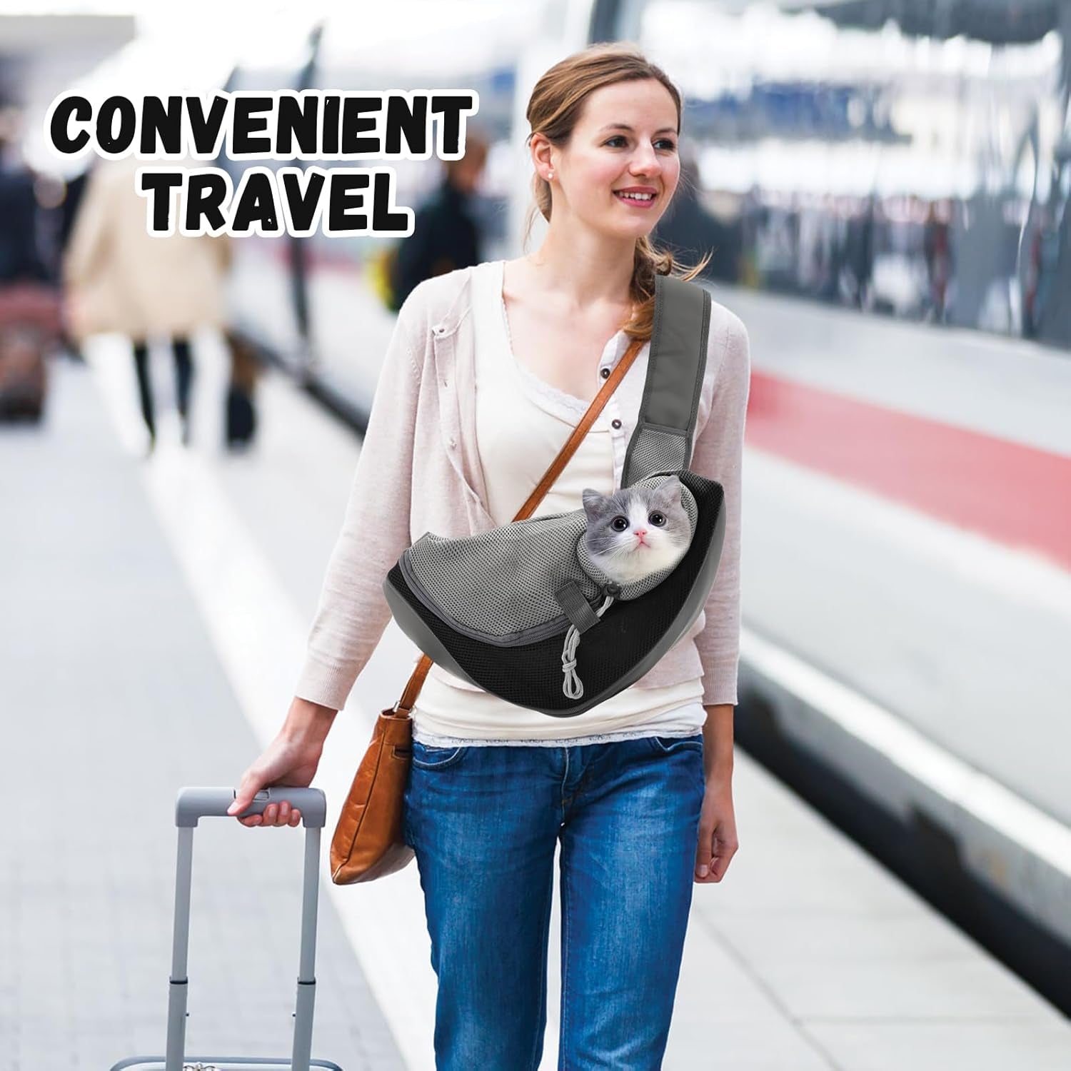 Small Dog Sling Carrier, Mesh Adjustable Pet Sling Carrier Zipper Pocket Breathable Hand Free for Small Medium Dogs Cats Outdoor Travel (Up to 5 Pounds)