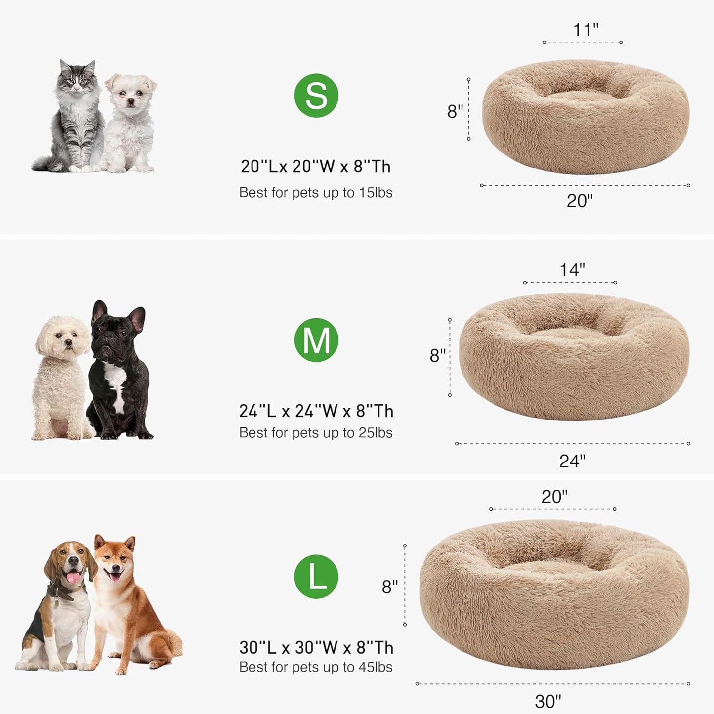 Love's Cabin Calming Donut Pet Bed for Dogs and Cats, Anti-Anxiety Fluffy Warming Indoor Bed in Beige Taupe, Available in 20" and 24" Sizes