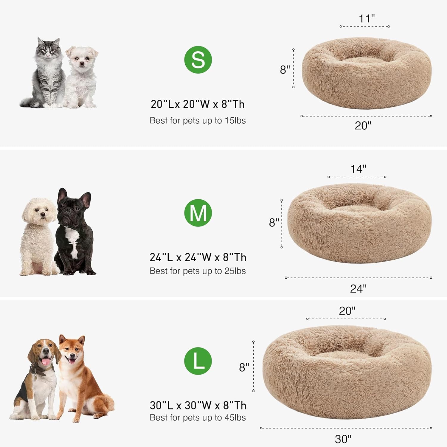 Love's Cabin Calming Donut Pet Bed for Dogs and Cats, Anti-Anxiety Fluffy Warming Indoor Bed in Beige Taupe, Available in 20" and 24" Sizes