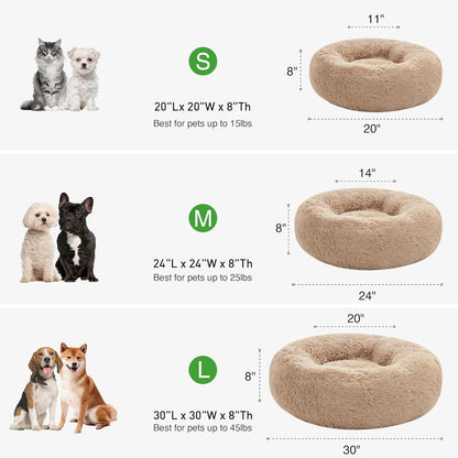 Love's Cabin Calming Donut Pet Bed for Dogs and Cats, Anti-Anxiety Fluffy Warming Indoor Bed in Beige Taupe, Available in 20" and 24" Sizes