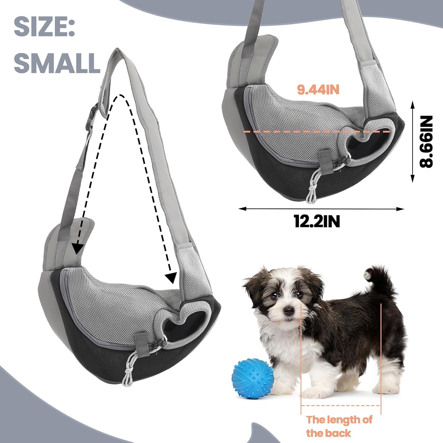 Small Dog Sling Carrier, Mesh Adjustable Pet Sling Carrier Zipper Pocket Breathable Hand Free for Small Medium Dogs Cats Outdoor Travel (Up to 5 Pounds)