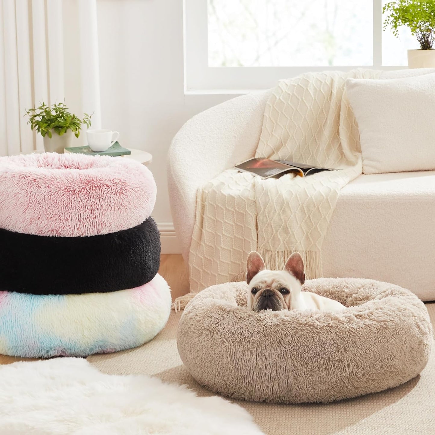 Love's Cabin Calming Donut Pet Bed for Dogs and Cats, Anti-Anxiety Fluffy Warming Indoor Bed in Beige Taupe, Available in 20" and 24" Sizes