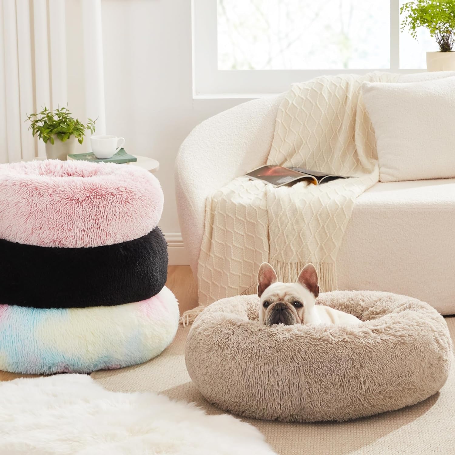 Love's Cabin Calming Donut Pet Bed for Dogs and Cats, Anti-Anxiety Fluffy Warming Indoor Bed in Beige Taupe, Available in 20" and 24" Sizes