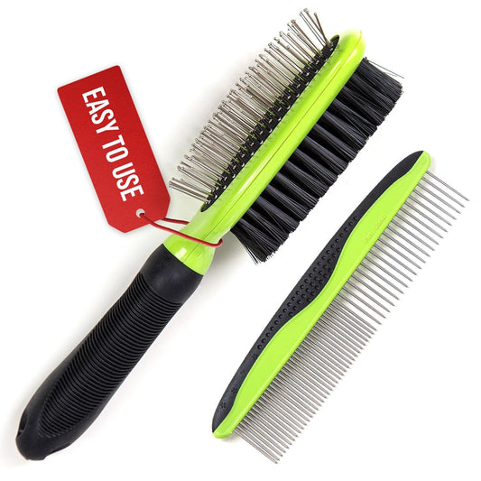 Professional Pet Grooming Set for Dogs and Cats - Double-Sided Deshedding Brush and Comb - Effective Lice and Flea Removal - Ergonomic Grip with Soft Bristles