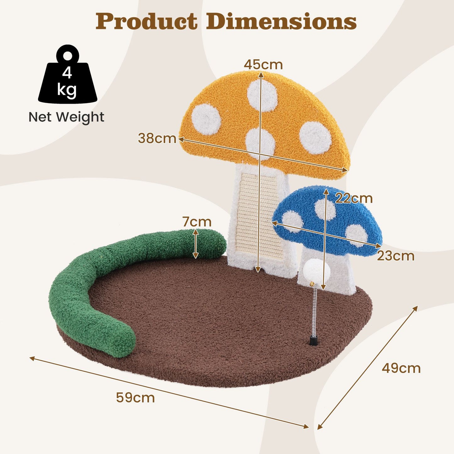 Mushroom Cat Bed with Wide Large Platform and Sisal Scratching Panel