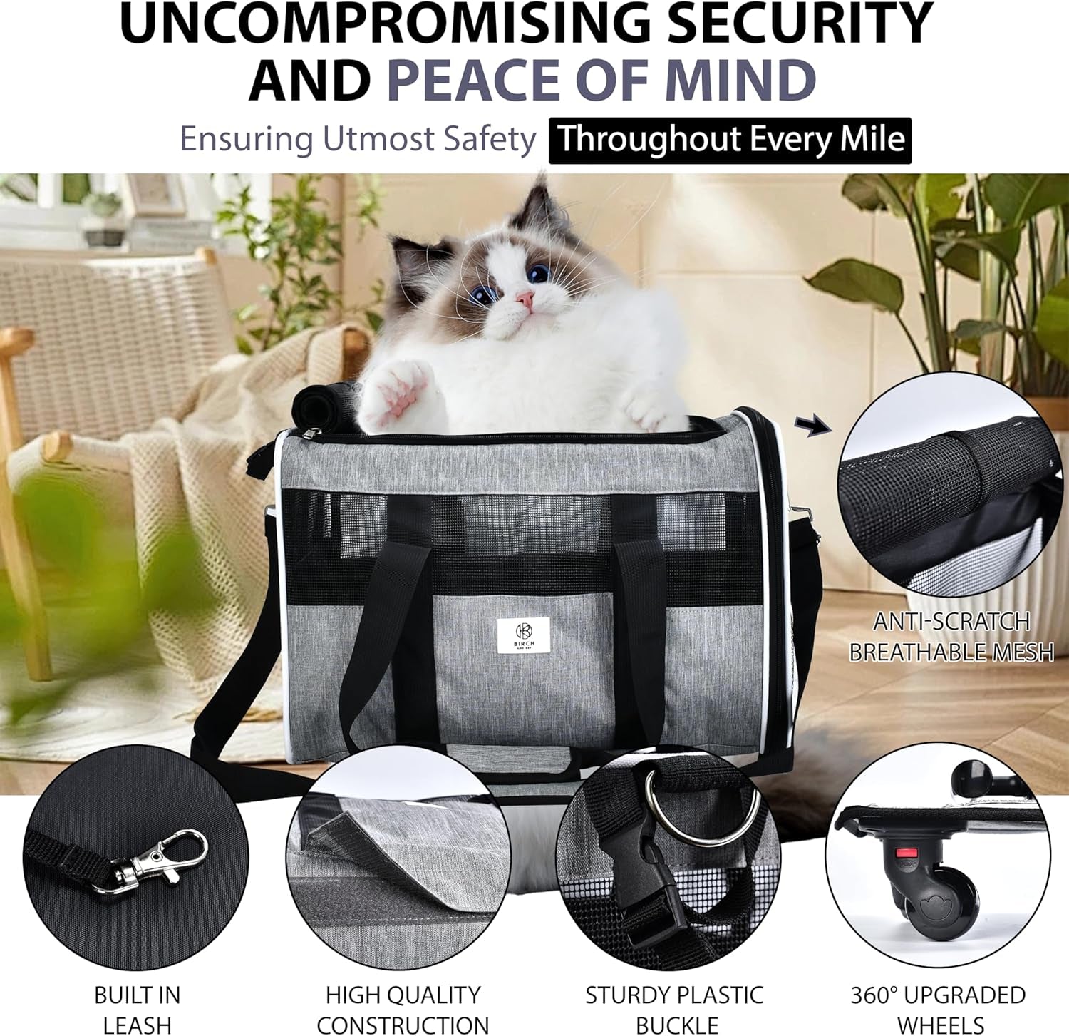 Pet Carrier with Wheels by Birch & Key – Grey Color - Airline Approved Rolling Pet Carrier – Soft Dog & Cat Travel Carrier - Small Dog Carrier – Removable Wheels - 17.5” X 12” X 12”
