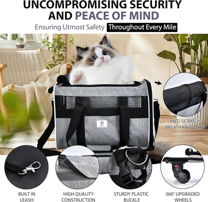 Pet Carrier with Wheels by Birch & Key – Grey Color - Airline Approved Rolling Pet Carrier – Soft Dog & Cat Travel Carrier - Small Dog Carrier – Removable Wheels - 17.5” X 12” X 12”