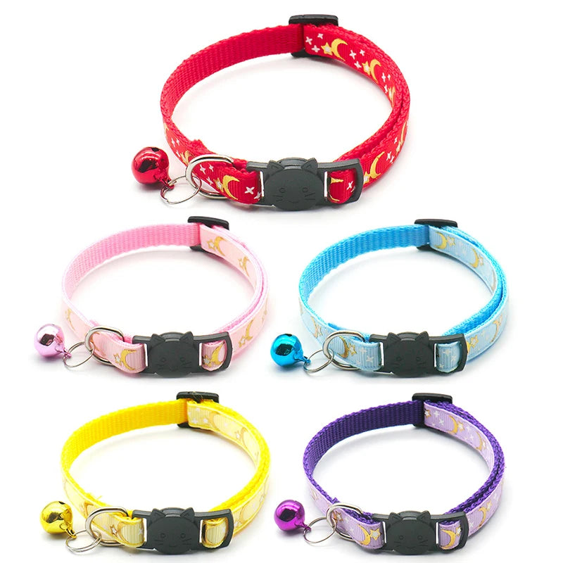 Gold Stars and Moon Cat Collar with Reflective Safety Buckle and Bell Adjustable Cats And Small Dogs Collars