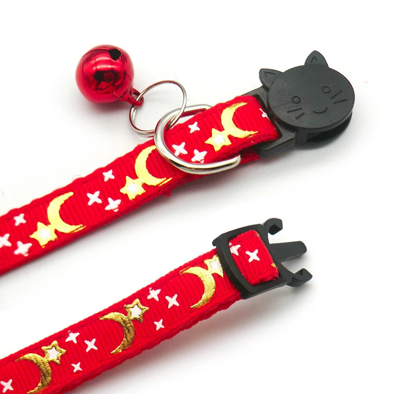 Gold Stars and Moon Cat Collar with Reflective Safety Buckle and Bell Adjustable Cats And Small Dogs Collars
