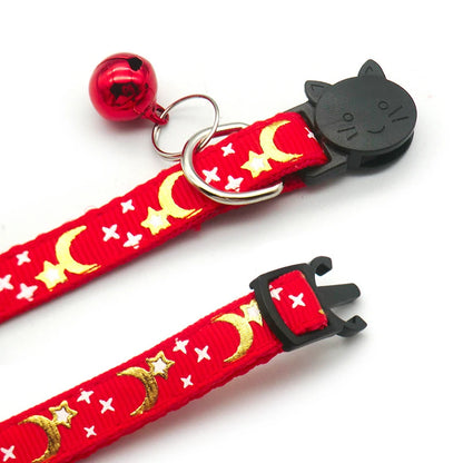 Gold Stars and Moon Cat Collar with Reflective Safety Buckle and Bell Adjustable Cats And Small Dogs Collars