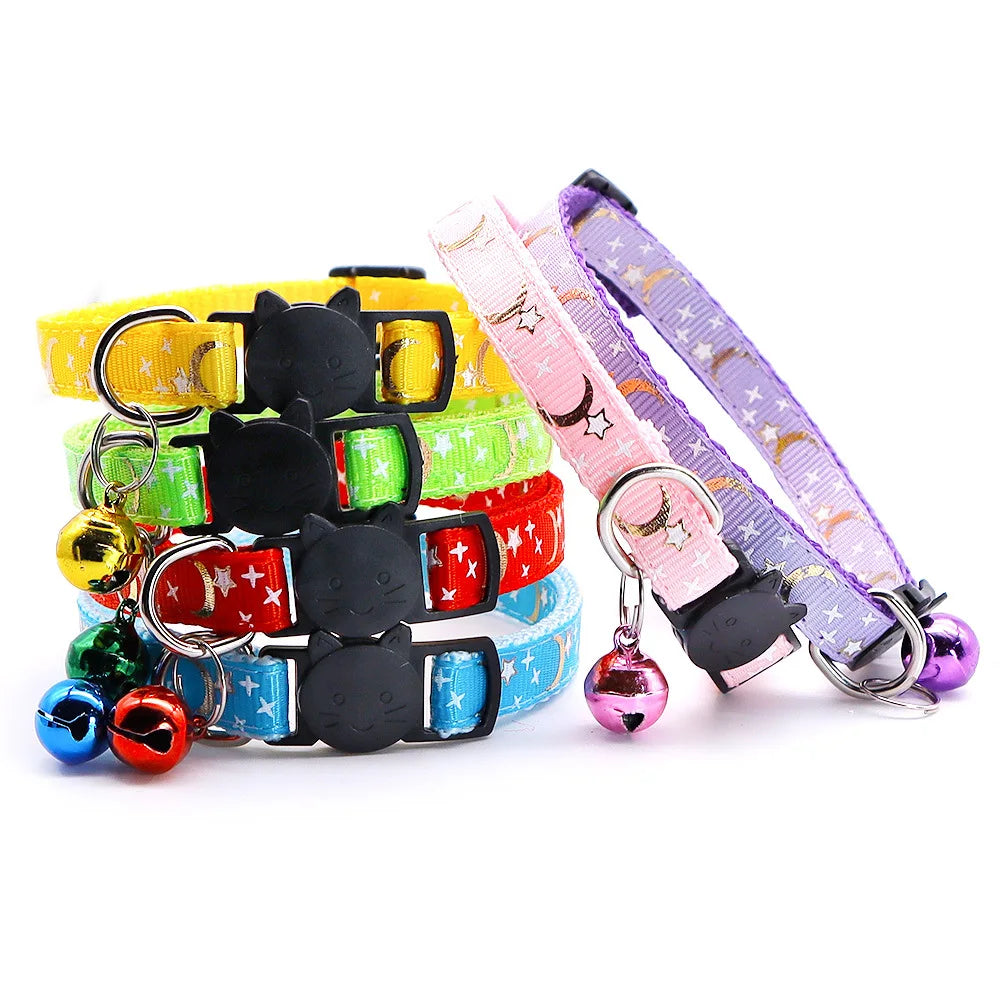 Gold Stars and Moon Cat Collar with Reflective Safety Buckle and Bell Adjustable Cats And Small Dogs Collars