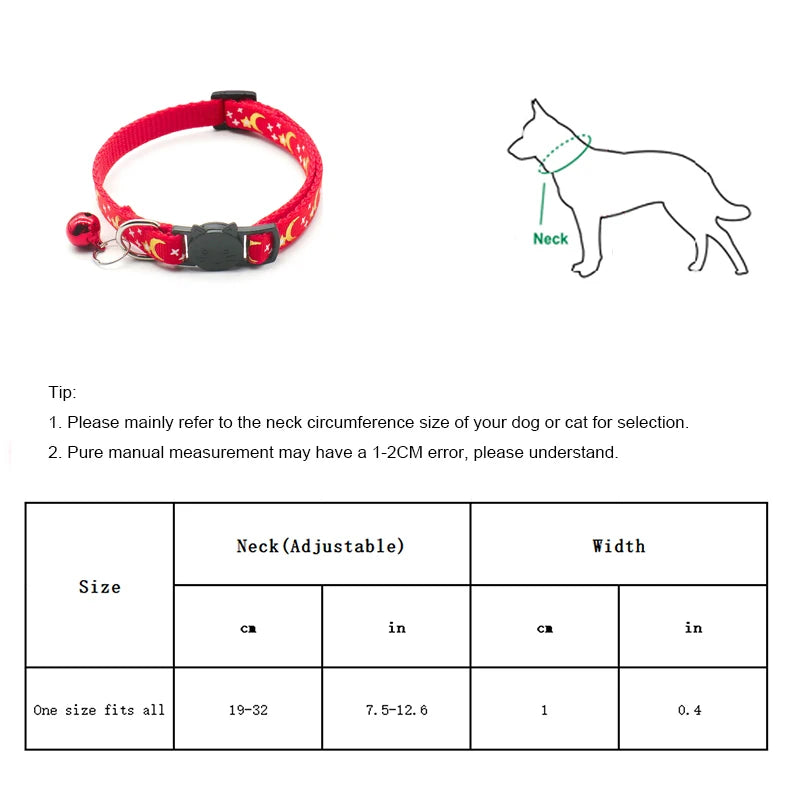 Gold Stars and Moon Cat Collar with Reflective Safety Buckle and Bell Adjustable Cats And Small Dogs Collars