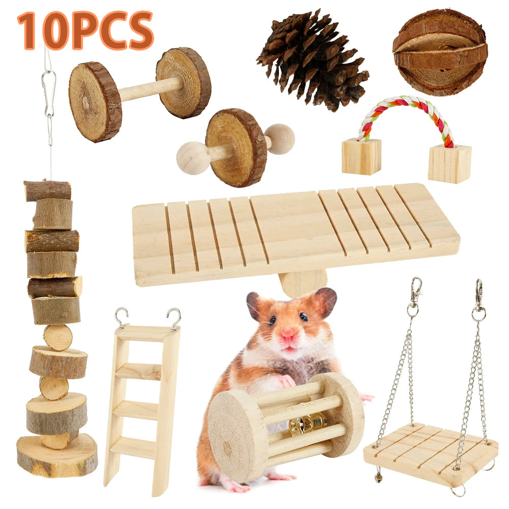 Hamster Toys Set Rabbit Mouse Natural Small Animal Wood Guinea Pig Toys Teeth Cleaning Molar Grinding Caring Chewing Toy