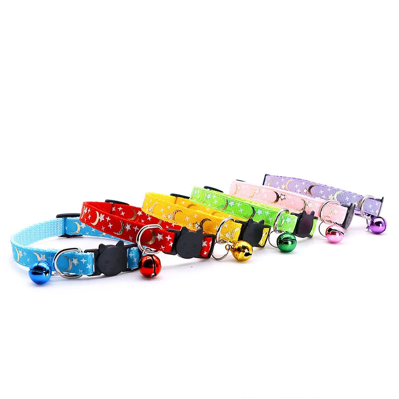 Gold Stars and Moon Cat Collar with Reflective Safety Buckle and Bell Adjustable Cats And Small Dogs Collars
