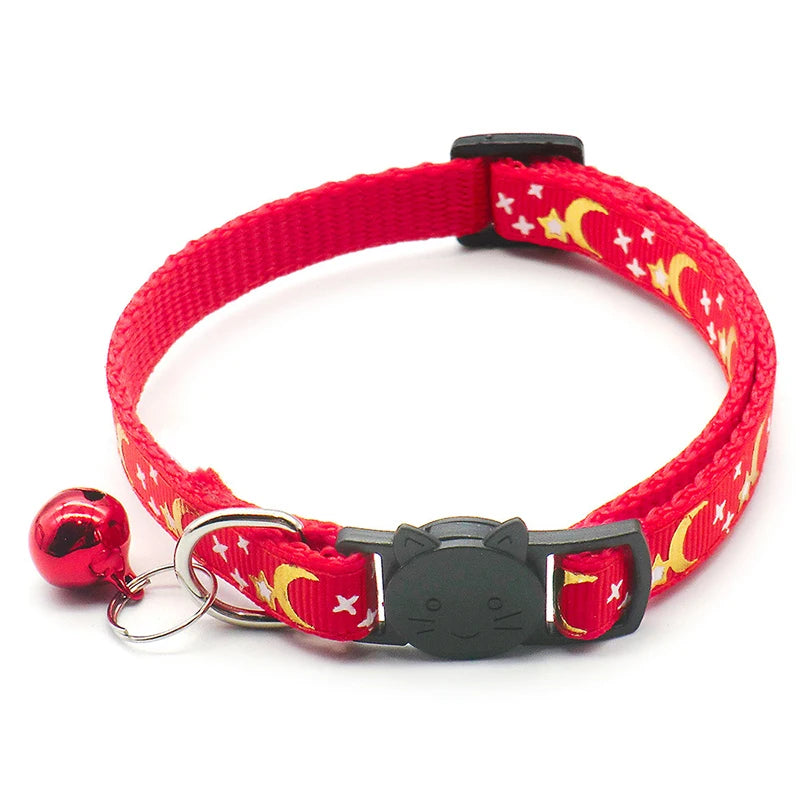 Gold Stars and Moon Cat Collar with Reflective Safety Buckle and Bell Adjustable Cats And Small Dogs Collars