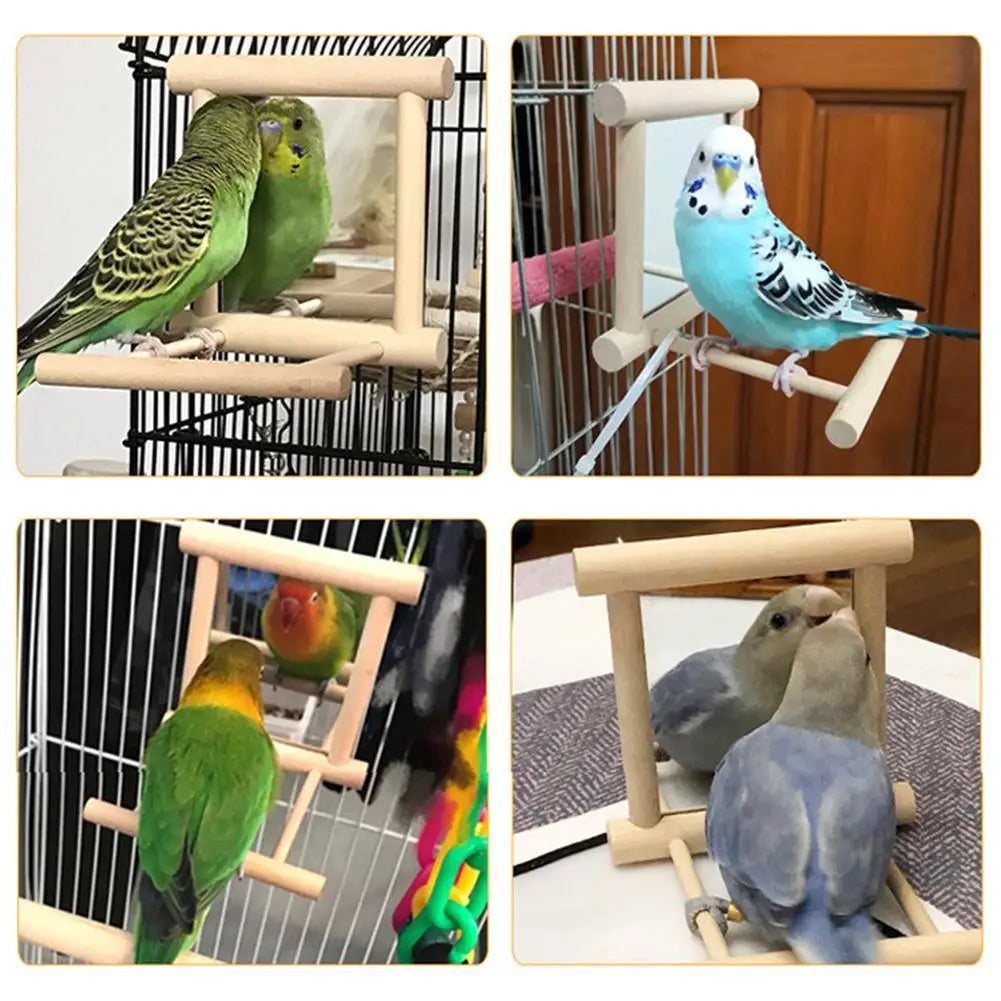 Bird Mirror Wooden Interactive Play Toy With Perch For Small Parrot Budgies Parakeet Cockatiel Conure Lovebird Cage Accessories