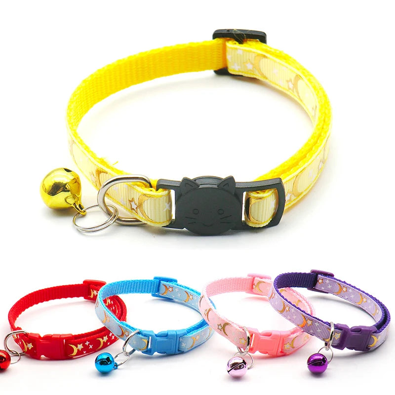 Gold Stars and Moon Cat Collar with Reflective Safety Buckle and Bell Adjustable Cats And Small Dogs Collars