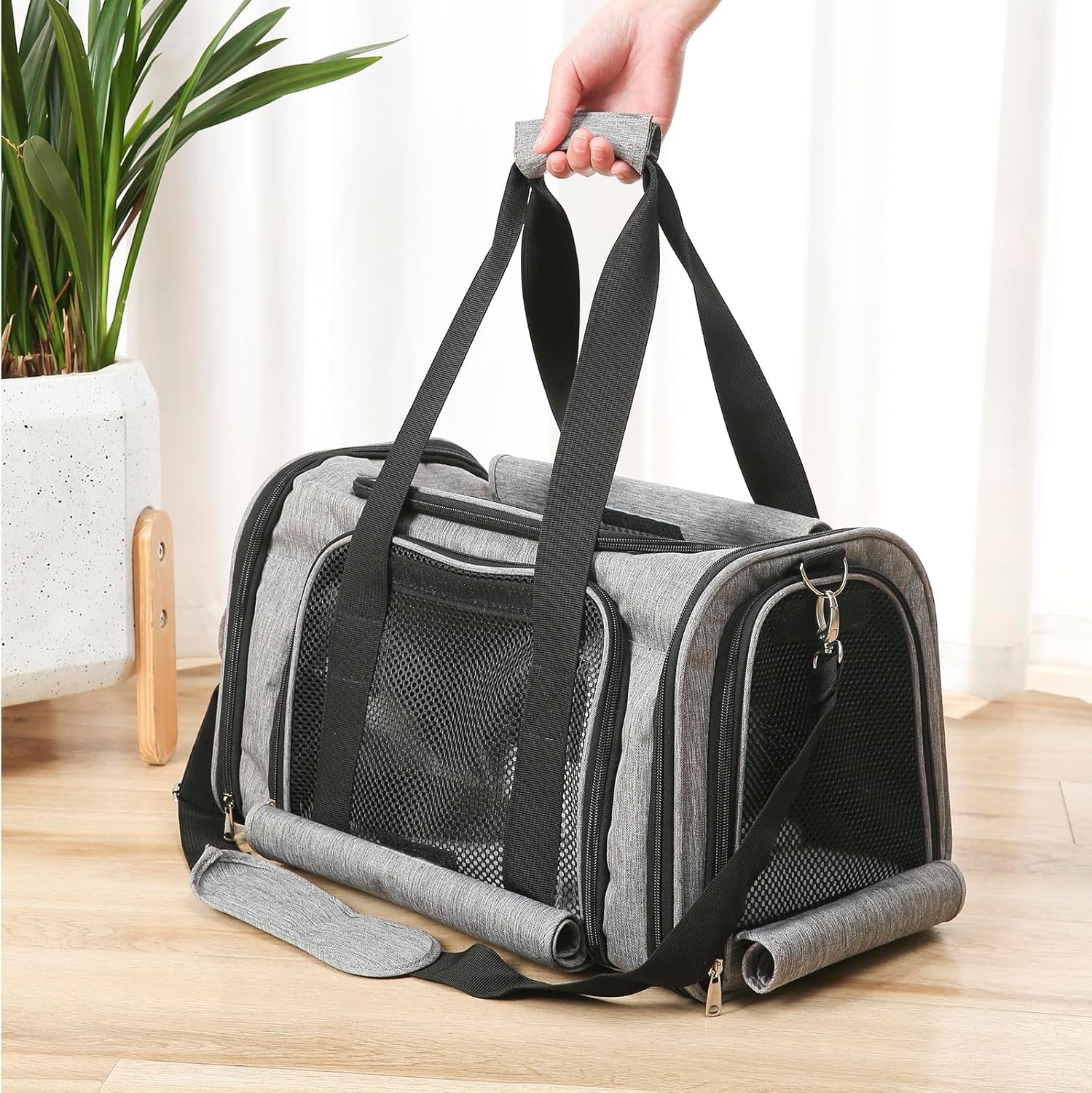Pet Bag Collapsible Portable for Dog Cat Go Out Traveling Carrier Oblique Slung Ventilate Mesh Shelter Two Uses Zip Grey,Black (Grey, S:41X27X26CM/16.1"X10.6"X10.2")
